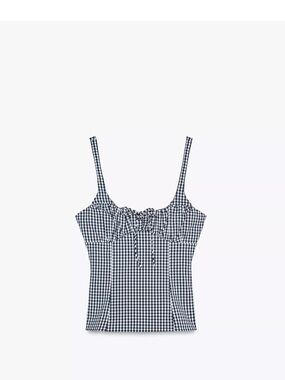 Zara navy and White Gingham Tie-Front Camisole
